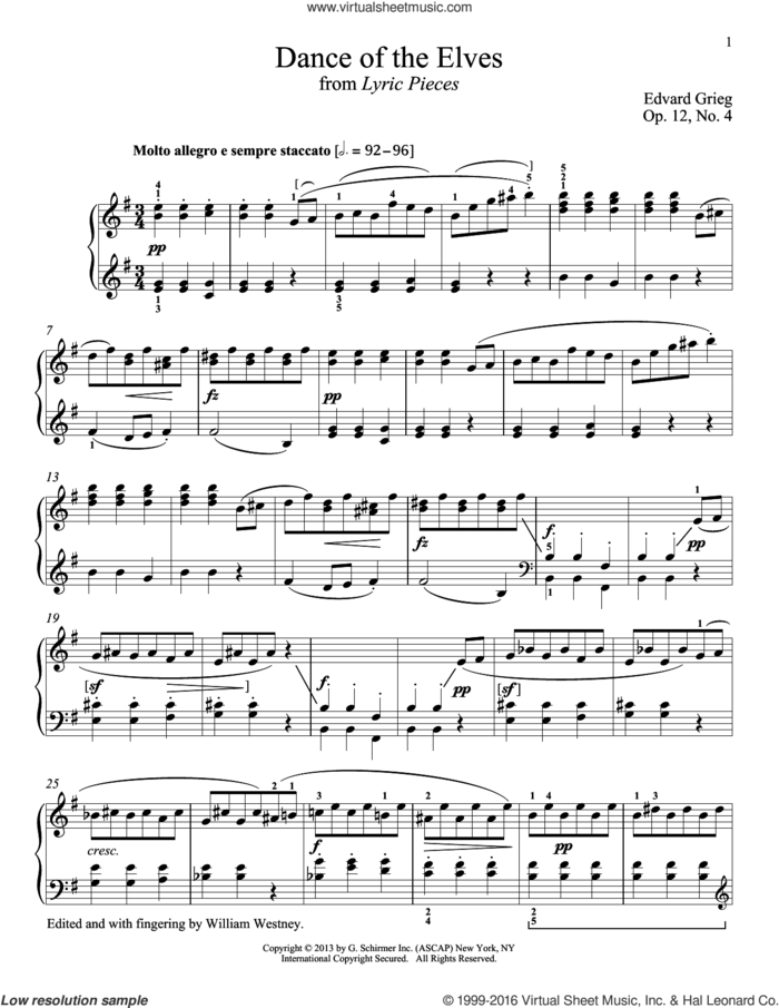 Elves' Dance, Op. 12, No. 4 sheet music for piano solo by Richard Walters and Edvard Grieg, classical score, intermediate skill level