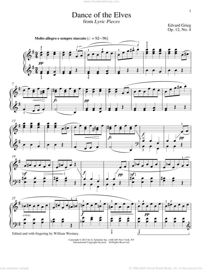 Elves' Dance, Op. 12, No. 4 sheet music for piano solo by Richard Walters and Edvard Grieg, classical score, intermediate skill level