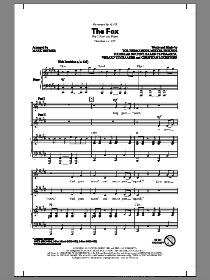 The Fox (What Does The Fox Say?) (arr. Mark Brymer) sheet music for choir (2-Part) by Mark Brymer and Ylvis, intermediate duet