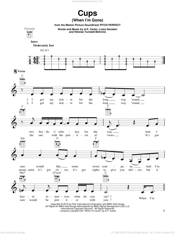 Cups (When I'm Gone) sheet music for ukulele by Anna Kendrick, intermediate skill level