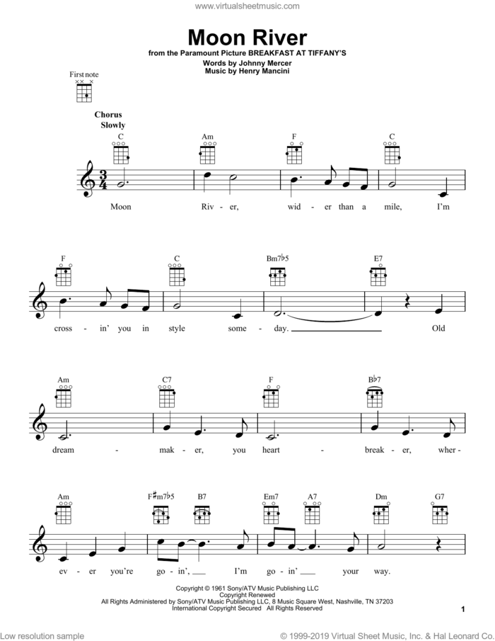 Moon River sheet music for ukulele by Henry Mancini and Andy Williams, wedding score, intermediate skill level