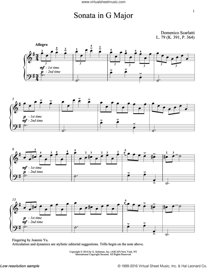 Sonata In G Major, L. 79 sheet music for piano solo by Richard Walters and Domenico Scarlatti, classical score, intermediate skill level