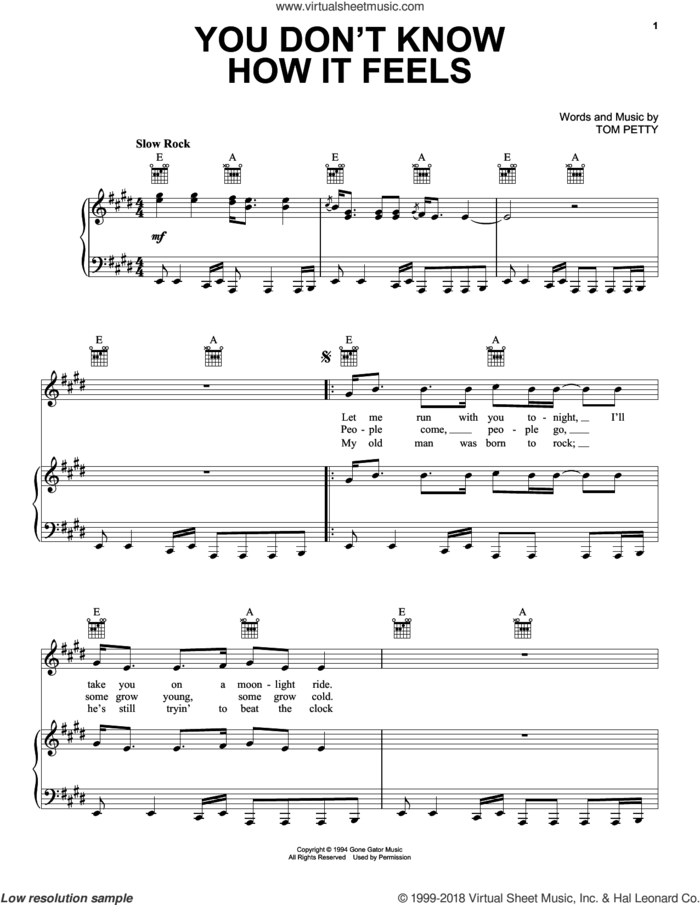 You Don't Know How It Feels sheet music for voice, piano or guitar by Tom Petty, intermediate skill level