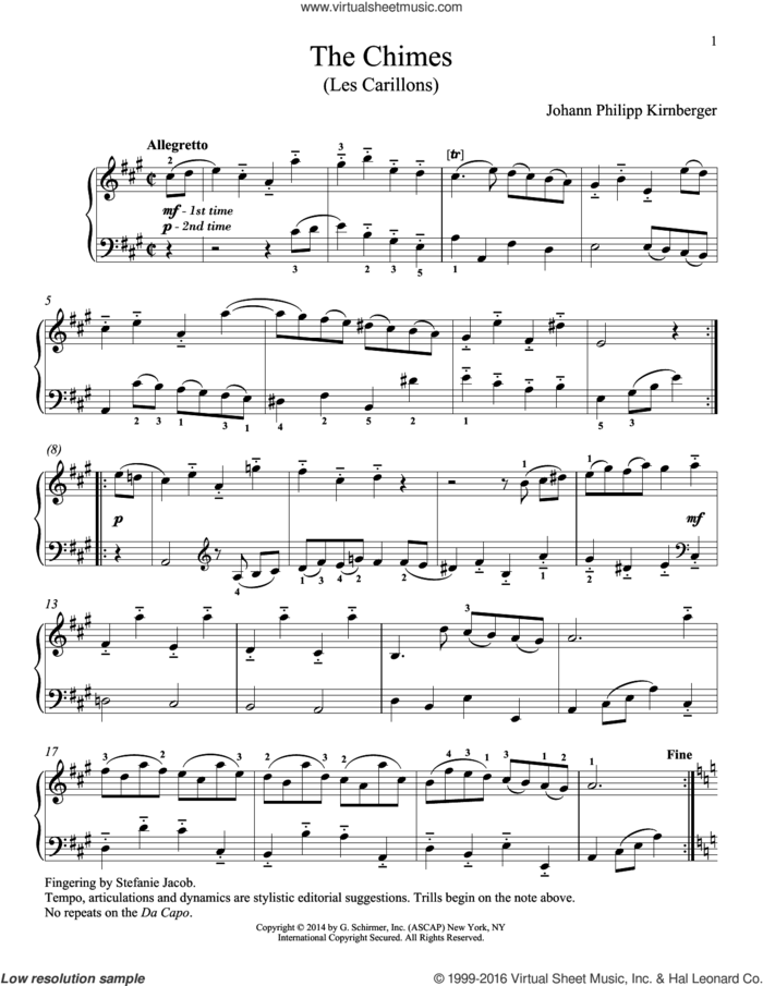 Les Carillons sheet music for piano solo by Richard Walters and Johann Philipp Kirnberger, classical score, intermediate skill level