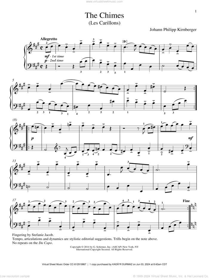 Les Carillons sheet music for piano solo by Richard Walters and Johann Philipp Kirnberger, classical score, intermediate skill level