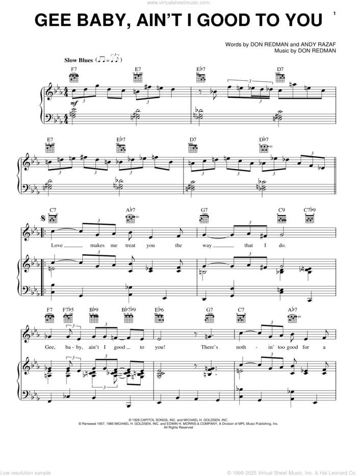 Gee Baby, Ain't I Good To You sheet music for voice, piano or guitar by Andy Razaf and Don Redman, intermediate skill level