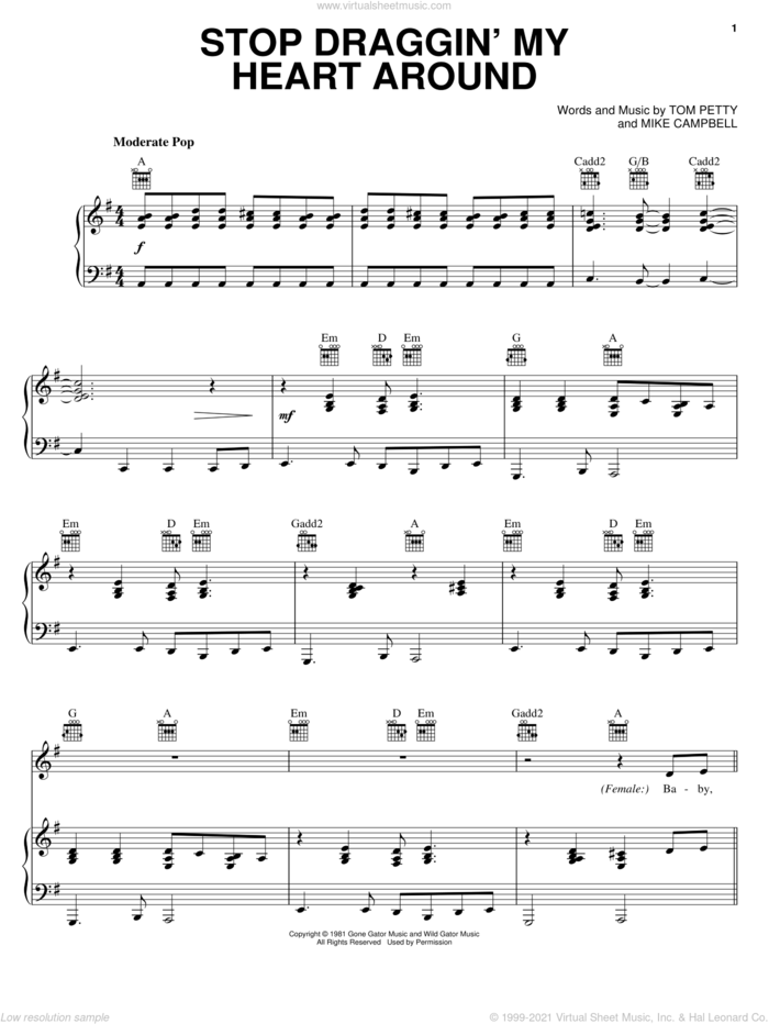 Stop Draggin' My Heart Around sheet music for voice, piano or guitar by Stevie Nicks with Tom Petty, Stevie Nicks, Mike Campbell and Tom Petty, intermediate skill level