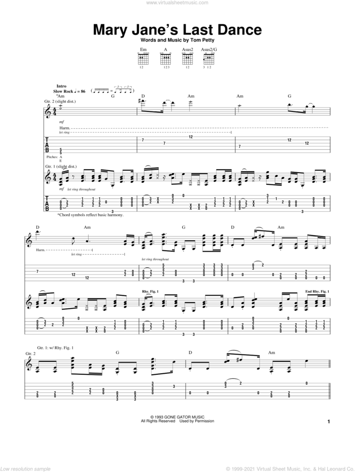 Mary Jane's Last Dance sheet music for guitar (tablature) by Tom Petty And The Heartbreakers and Tom Petty, intermediate skill level