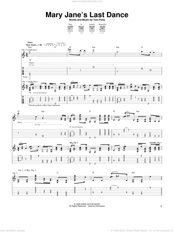 Mary Jane's Last Dance sheet music for guitar (tablature) by Tom Petty And The Heartbreakers and Tom Petty, intermediate skill level