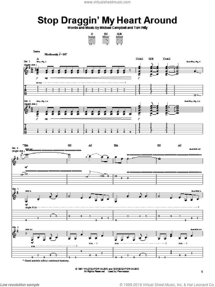 Stop Draggin' My Heart Around sheet music for guitar (tablature) by Stevie Nicks with Tom Petty, Stevie Nicks, Mike Campbell and Tom Petty, intermediate skill level