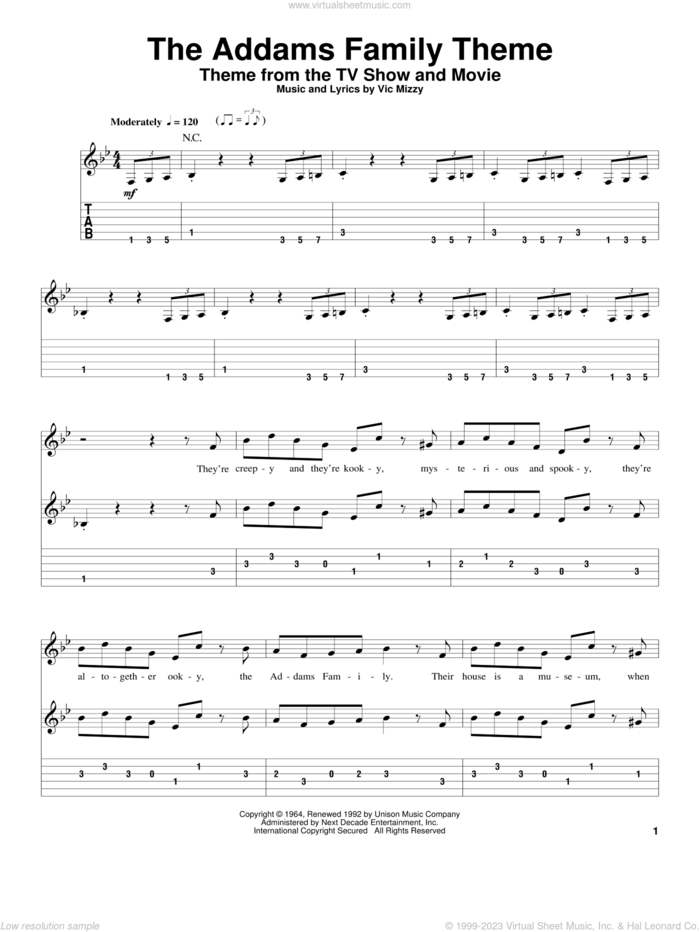 The Addams Family Theme sheet music for guitar (tablature, play-along) by Vic Mizzy, intermediate skill level