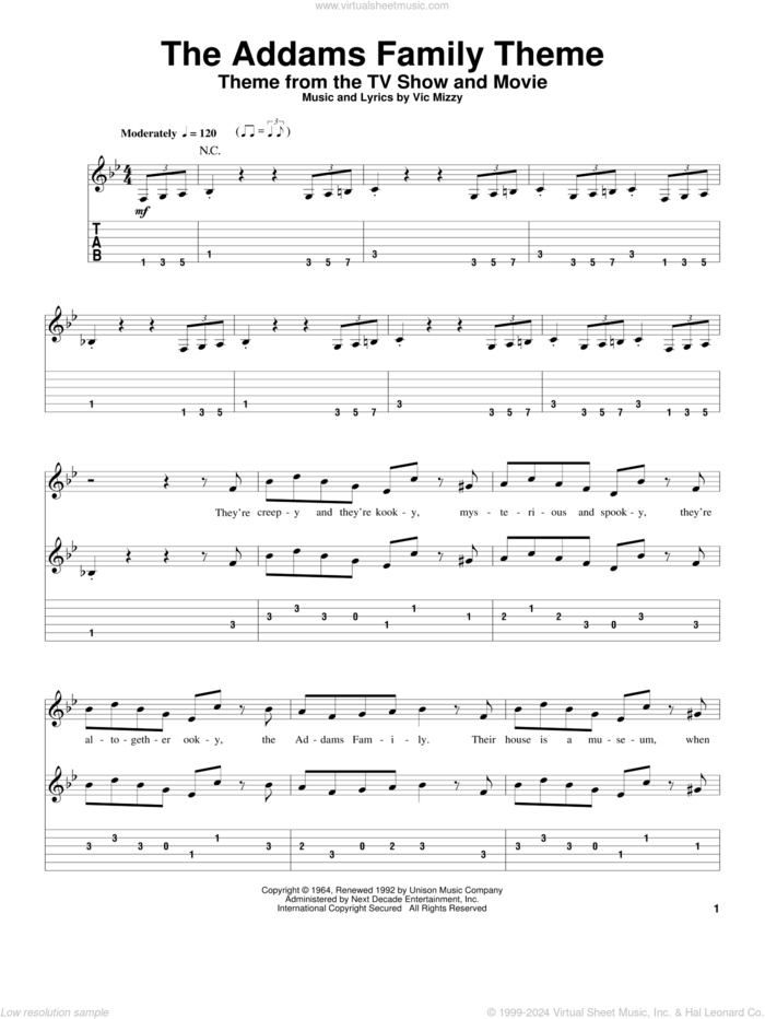 The Addams Family Theme sheet music for guitar (tablature, play-along) by Vic Mizzy, intermediate skill level