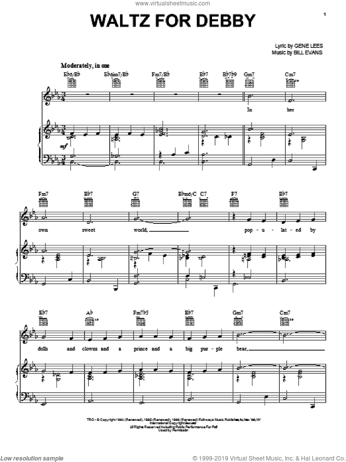 Waltz For Debby sheet music for voice, piano or guitar by Bill Evans, intermediate skill level