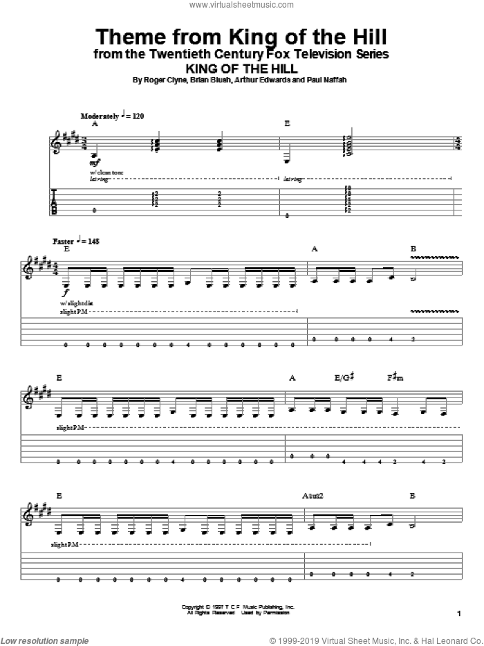 Theme From King Of The Hill sheet music for guitar (tablature, play-along) by Roger Clyne, Arthur Edwards, Brian Blush and Paul Naffah, intermediate skill level