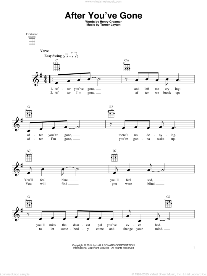 After You've Gone sheet music for ukulele by Sophie Tucker, intermediate skill level