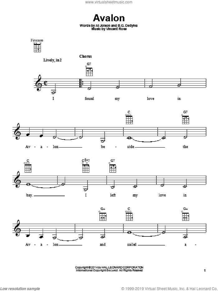 Avalon sheet music for ukulele by Al Jolson, intermediate skill level