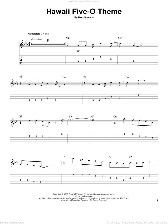 Hawaii Five-O Theme sheet music for guitar (tablature, play-along) by The Ventures and Mort Stevens, intermediate skill level