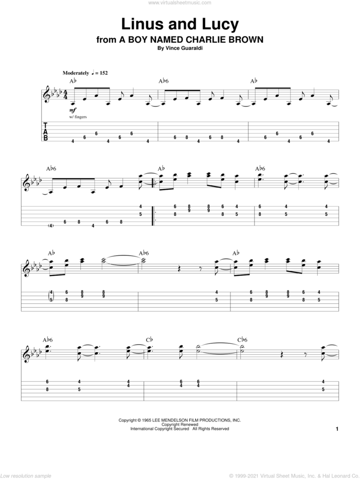 Linus And Lucy sheet music for guitar (tablature, play-along) by Vince Guaraldi, intermediate skill level