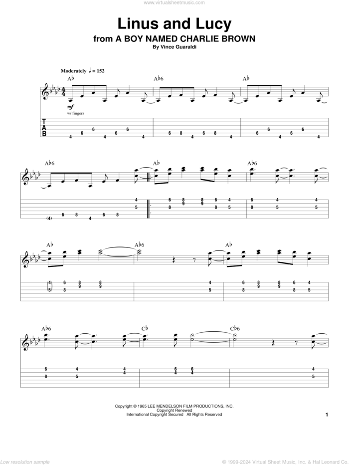 Linus And Lucy sheet music for guitar (tablature, play-along) by Vince Guaraldi, intermediate skill level