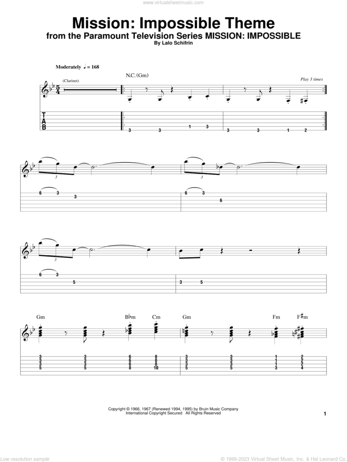 Mission: Impossible Theme sheet music for guitar (tablature, play-along) by Lalo Schifrin, intermediate skill level