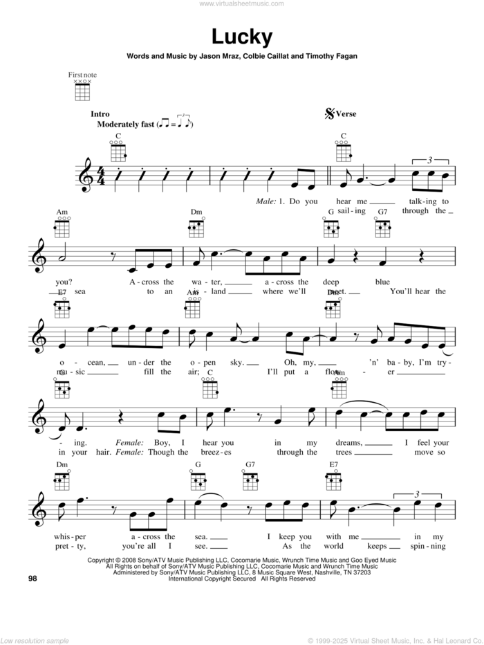 Lucky sheet music for ukulele by Jason Mraz and Jason Mraz & Colbie Caillat, intermediate skill level