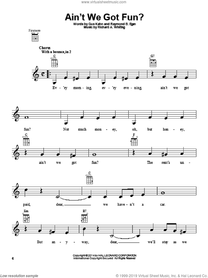 Ain't We Got Fun? sheet music for ukulele by Doris Day, Richard A. Whiting, Ruth Roye and Van and Schenck, intermediate skill level