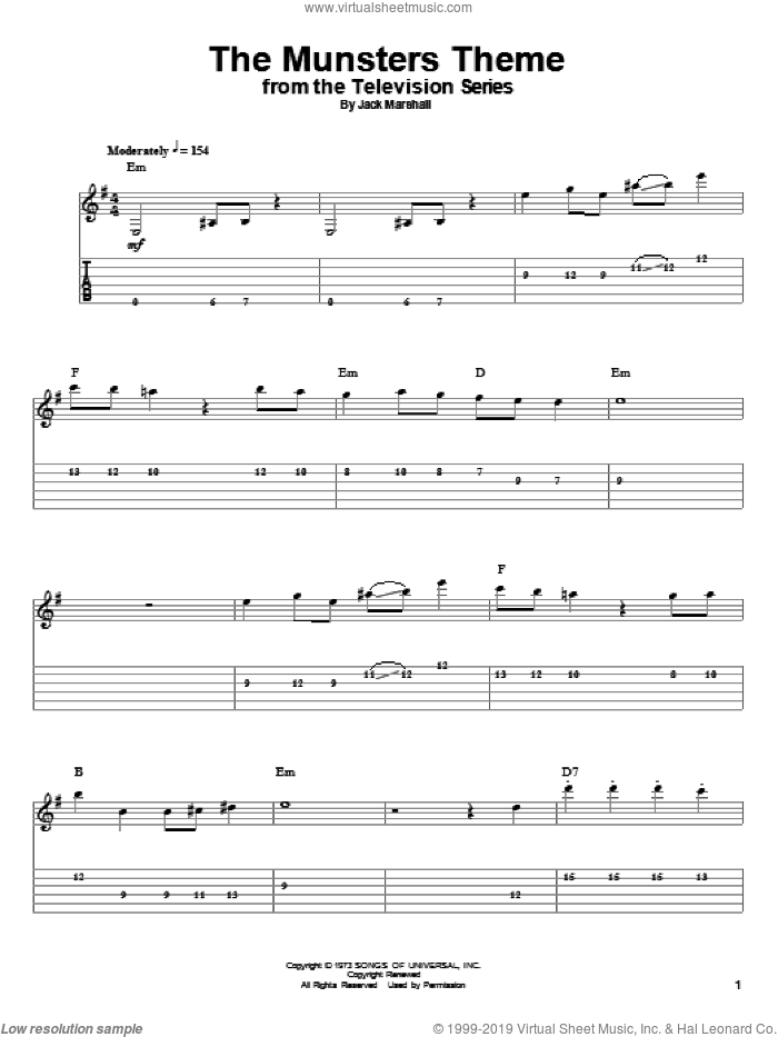 The Munsters Theme sheet music for guitar (tablature, play-along) by Jack Marshall, intermediate skill level