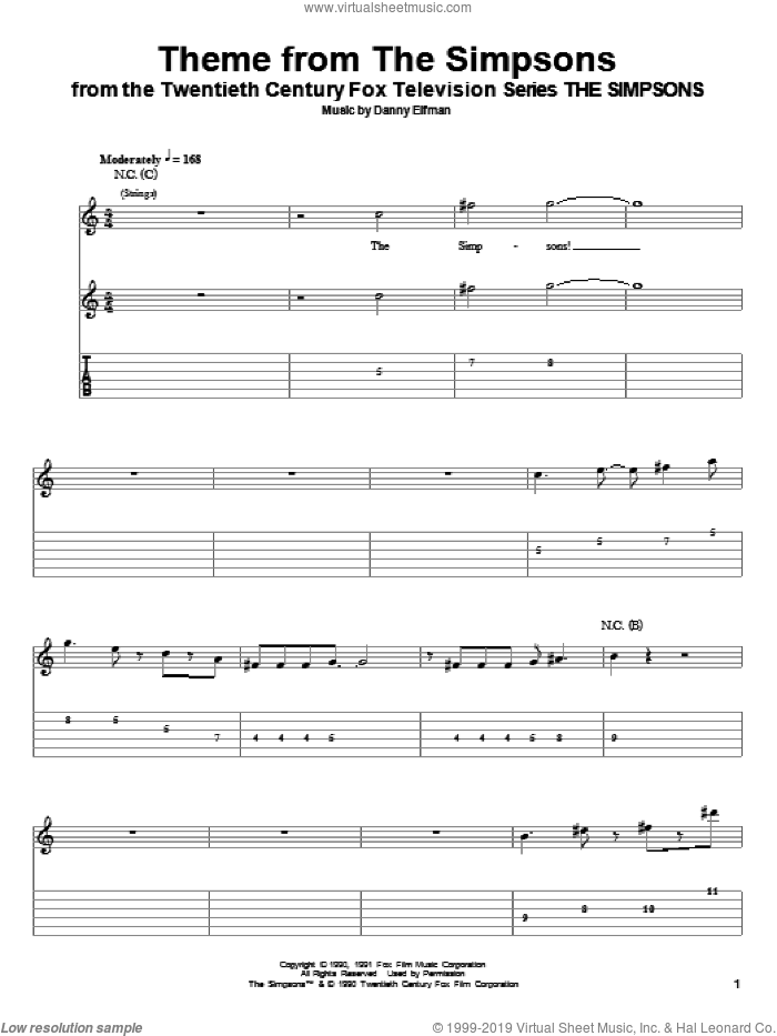 Theme From The Simpsons sheet music for guitar (tablature, play-along) by Danny Elfman and The Simpsons, intermediate skill level