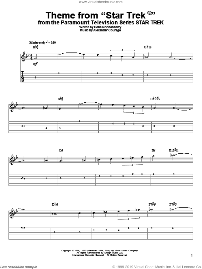 Theme from Star Trek(R) sheet music for guitar (tablature, play-along) by Gene Roddenberry and Alexander Courage, intermediate skill level