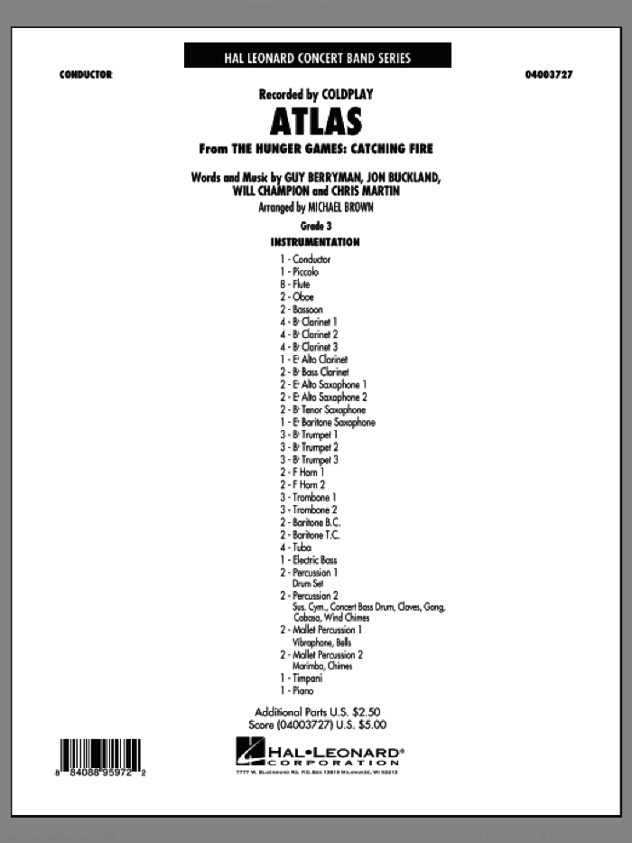 Atlas (from The Hunger Games: Catching Fire) (COMPLETE) sheet music for concert band by Coldplay and Michael Brown, intermediate skill level