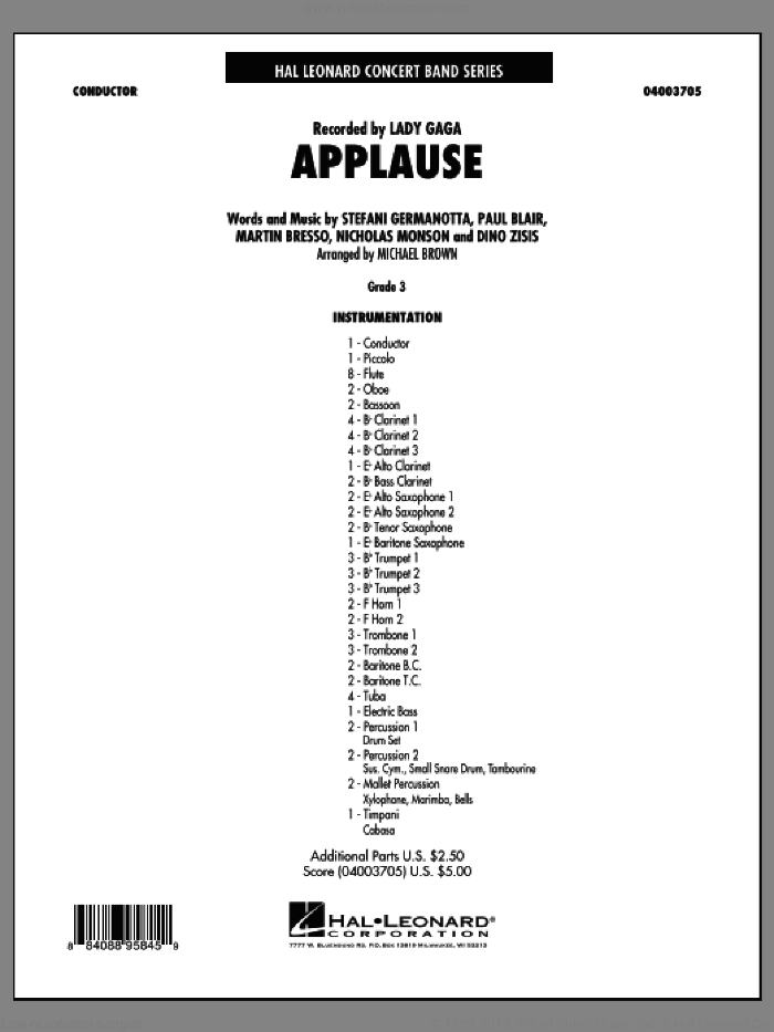 Applause (COMPLETE) sheet music for concert band by Michael Brown and Lady Gaga, intermediate skill level