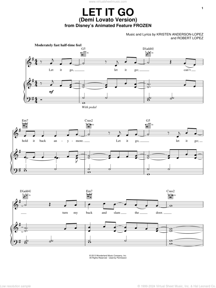 Let It Go (from Frozen) (Demi Lovato version) sheet music for voice, piano or guitar by Demi Lovato, intermediate skill level