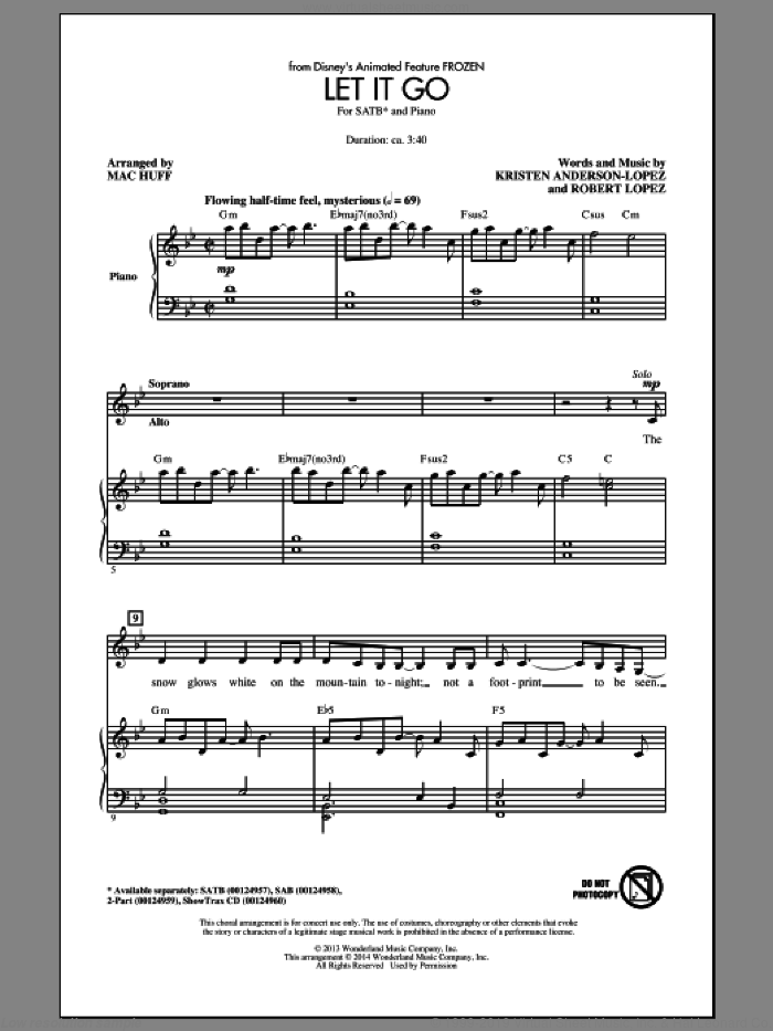 Let It Go (from Frozen) (arr. Mac Huff) sheet music for choir (SATB: soprano, alto, tenor, bass) by Idina Menzel, Kristen Anderson-Lopez, Mac Huff and Robert Lopez, intermediate skill level