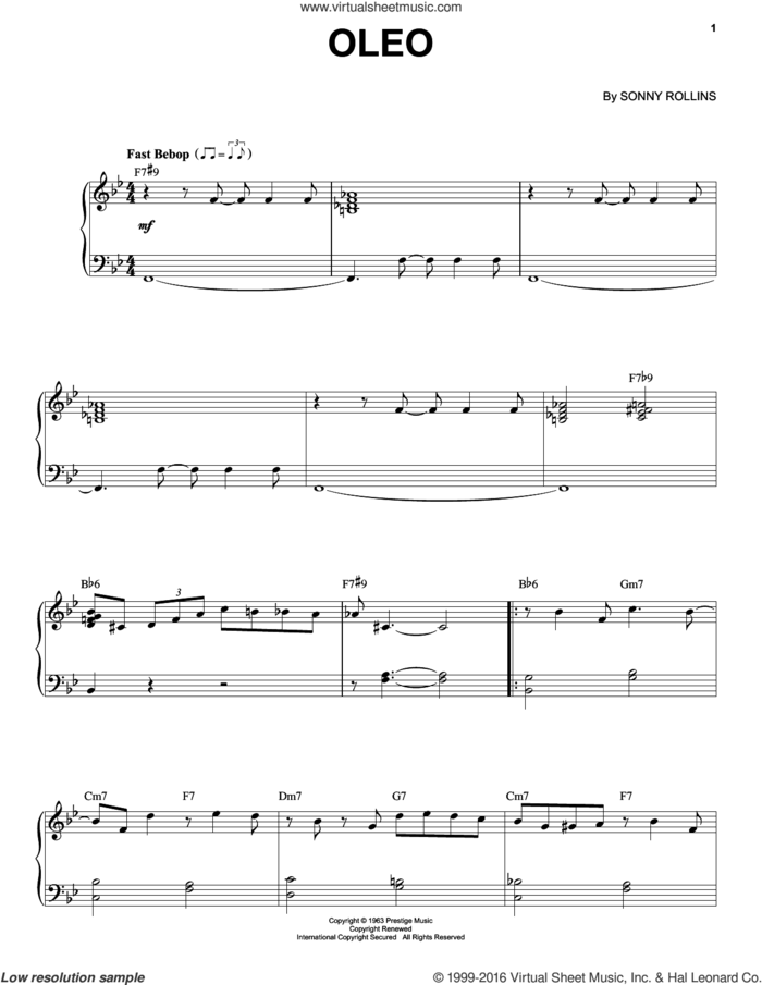 Oleo sheet music for voice, piano or guitar by John Coltrane and Sonny Rollins, intermediate skill level