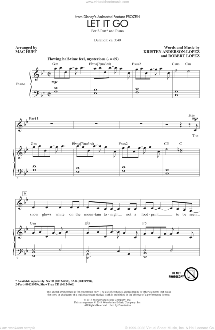 Let It Go (from Frozen) (arr. Mac Huff) sheet music for choir (2-Part) by Idina Menzel, Kristen Anderson-Lopez, Mac Huff and Robert Lopez, intermediate duet
