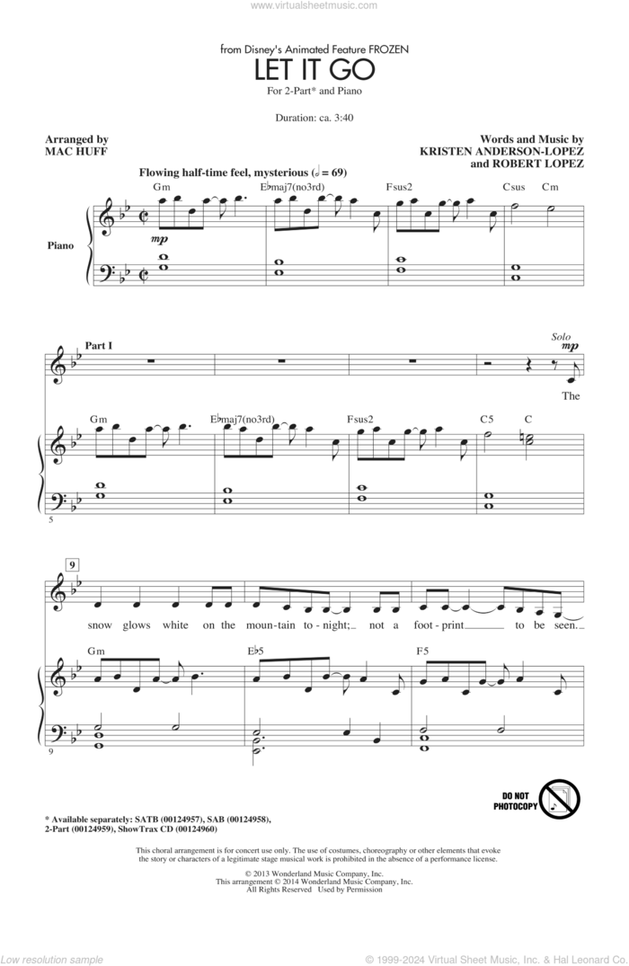 Let It Go (from Frozen) (arr. Mac Huff) sheet music for choir (2-Part) by Idina Menzel, Kristen Anderson-Lopez, Mac Huff and Robert Lopez, intermediate duet