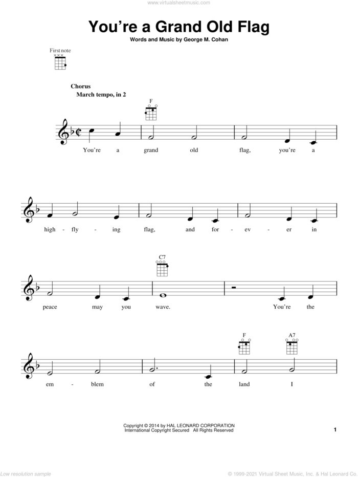 You're A Grand Old Flag sheet music for ukulele by George Cohan, intermediate skill level