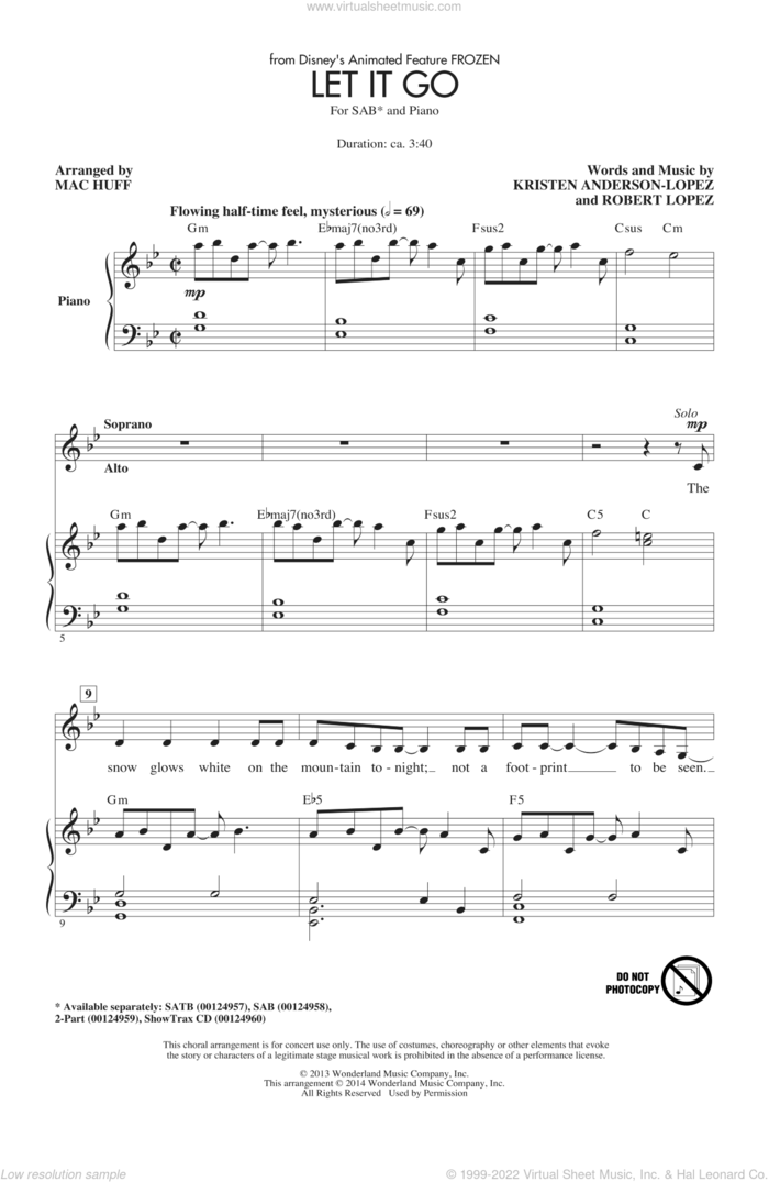 Let It Go (from Frozen) (arr. Mac Huff) sheet music for choir (SAB: soprano, alto, bass) by Idina Menzel, Kristen Anderson-Lopez, Mac Huff and Robert Lopez, intermediate skill level