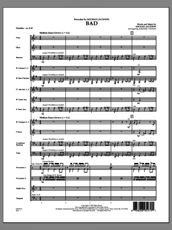 Bad (COMPLETE) sheet music for concert band by Michael Jackson and Johnnie Vinson, intermediate skill level