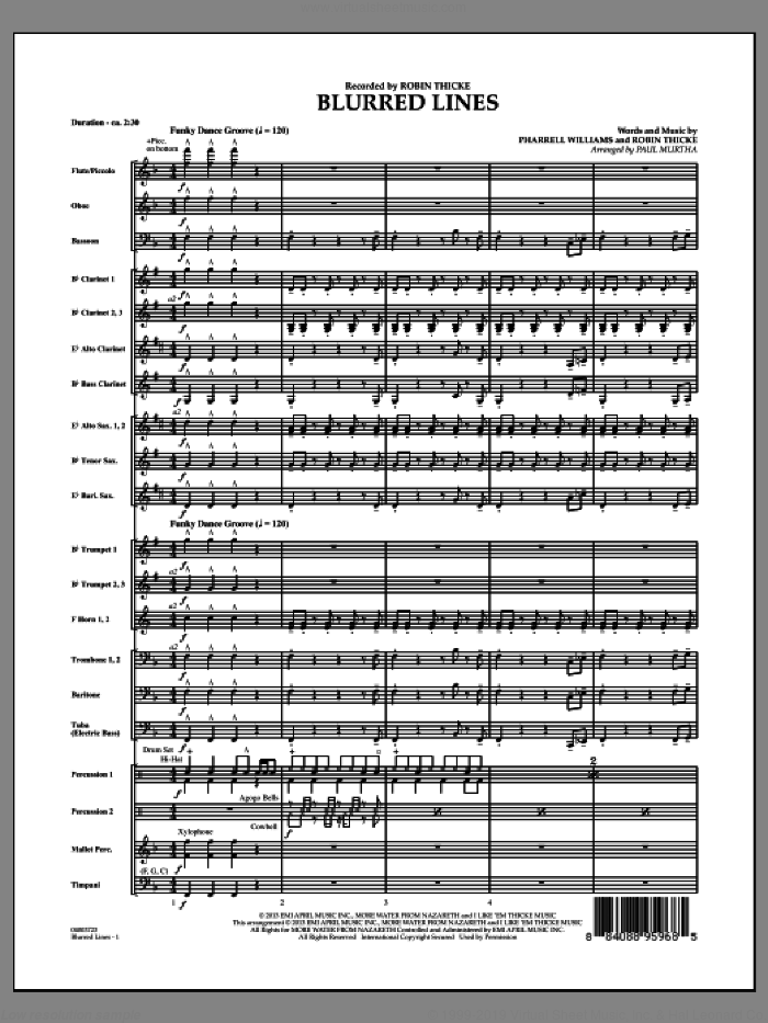 Blurred Lines (COMPLETE) sheet music for concert band by Paul Murtha and Robin Thicke, intermediate skill level