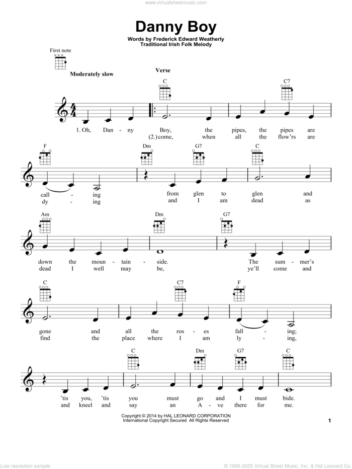 Danny Boy sheet music for ukulele by Traditional Irish, intermediate skill level