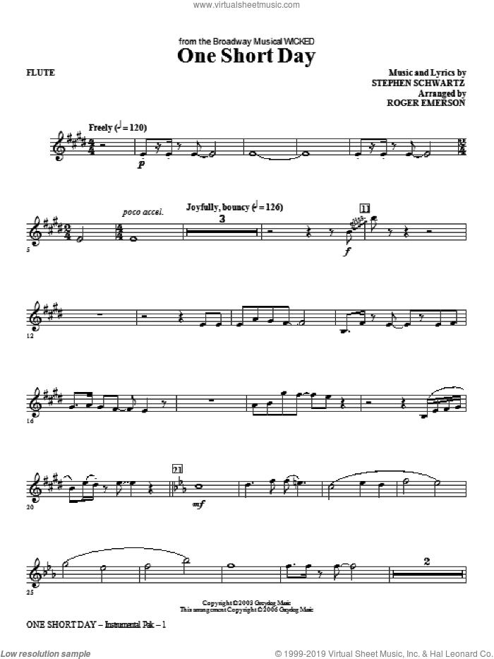 One Short Day (complete set of parts) sheet music for orchestra/band by Stephen Schwartz and Roger Emerson, intermediate skill level