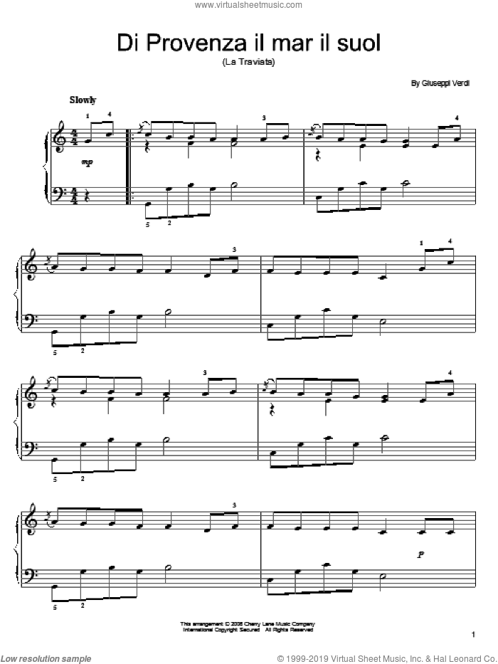 Di Provenza Il Mar, Il Suol sheet music for piano solo by Giuseppe Verdi, classical score, easy skill level