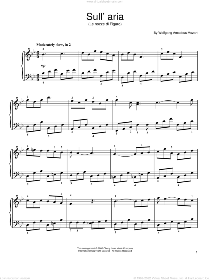 Sull'aria sheet music for piano solo by Wolfgang Amadeus Mozart, classical score, easy skill level