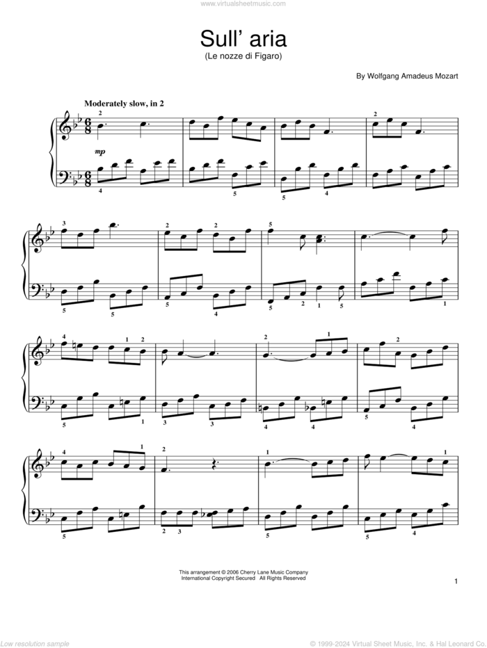 Sull'aria sheet music for piano solo by Wolfgang Amadeus Mozart, classical score, easy skill level