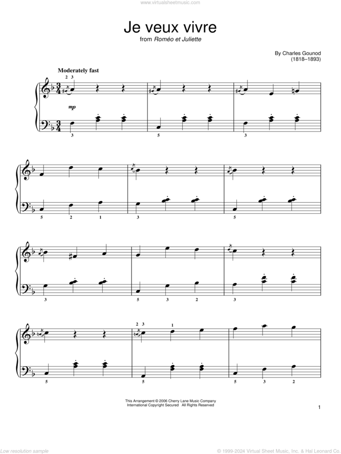 Ah Je Veux Vivre sheet music for piano solo by Charles Gounod, classical score, easy skill level