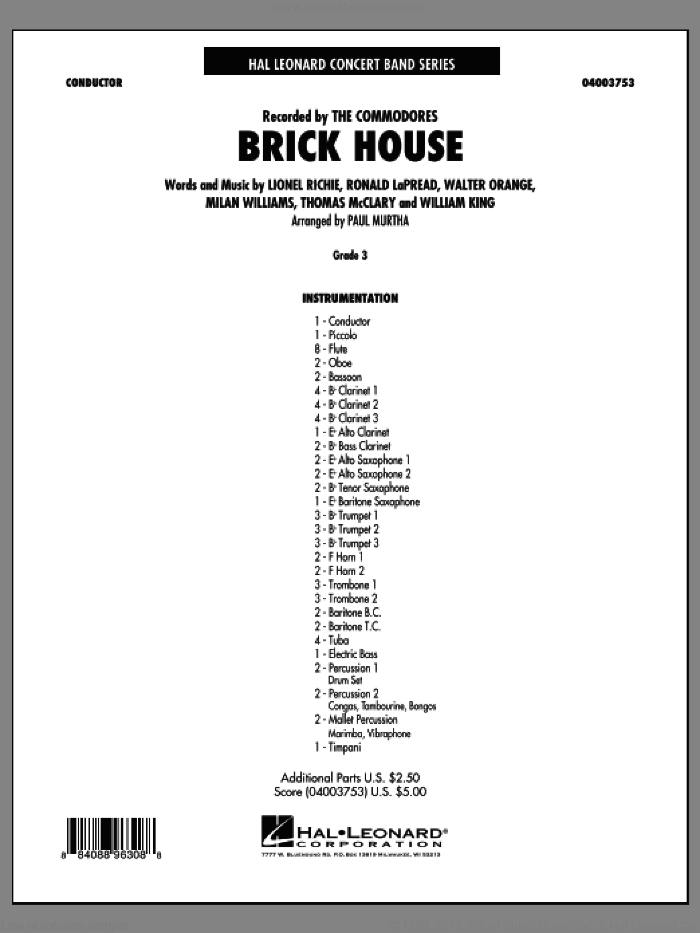 Brick House (COMPLETE) sheet music for concert band by Paul Murtha and The Commodores, intermediate skill level