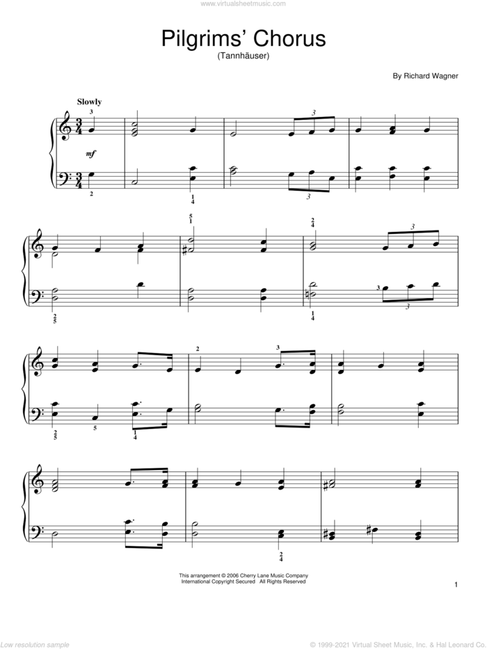Pilgrims' Chorus sheet music for piano solo by Richard Wagner, classical score, easy skill level