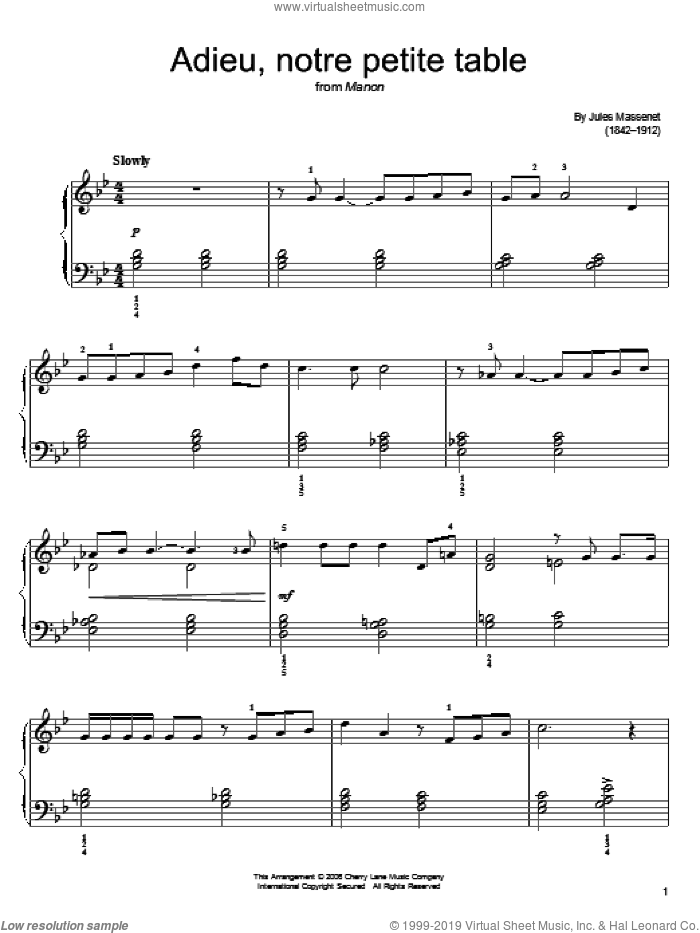 Adieu, notre petite table sheet music for piano solo by Renee Fleming and Jules Massenet, classical score, easy skill level