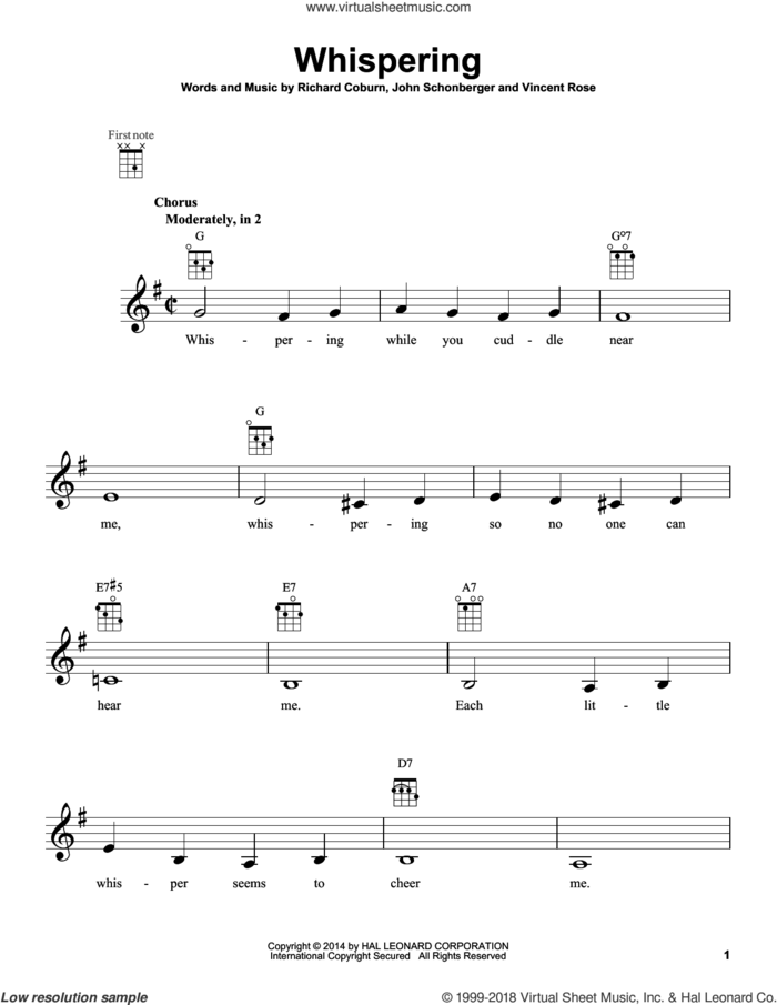 Whispering sheet music for ukulele by John Schonberger, classical score, intermediate skill level
